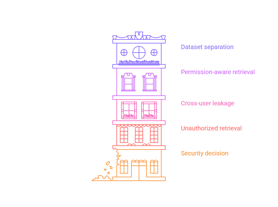 RAG permissions diagram showing dataset separation, permission-aware retrieval, cross-user leakage, and unauthorized retrieval.